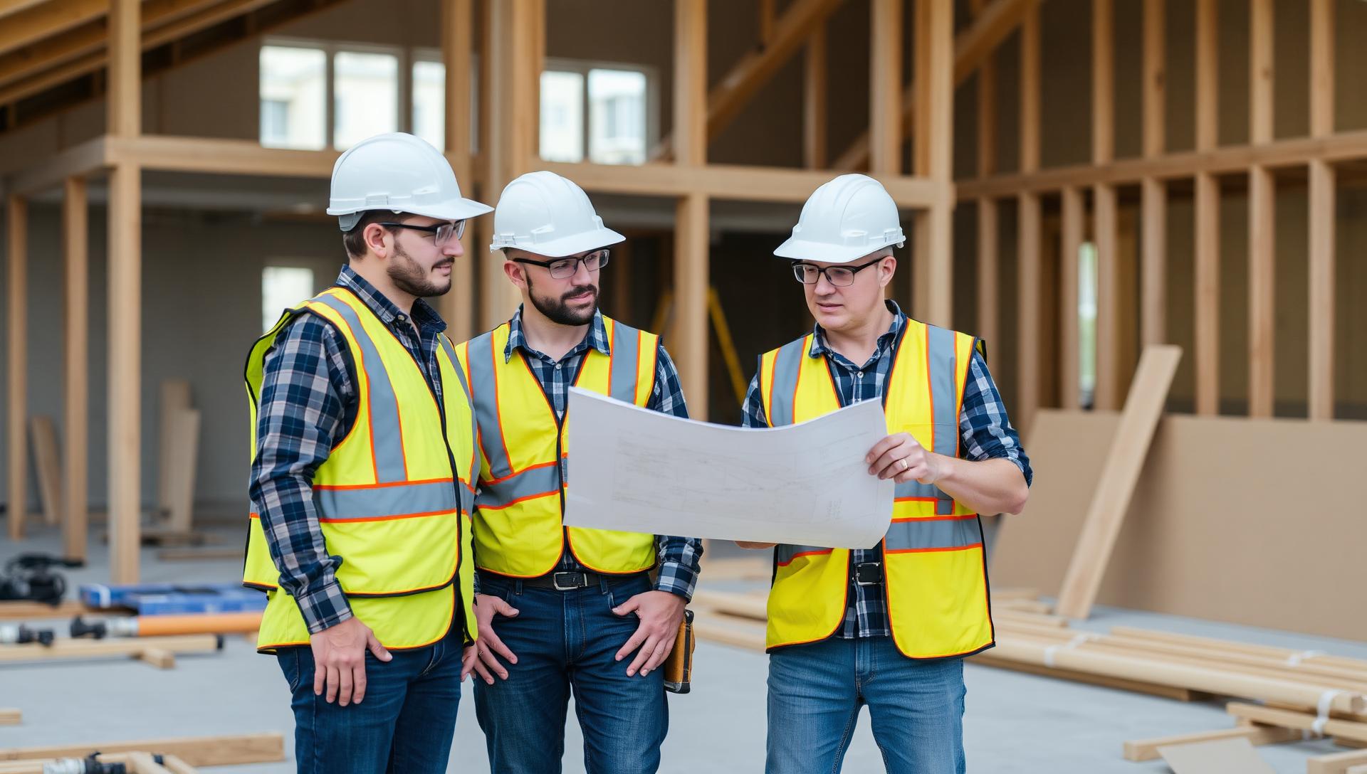 ProBuild Ontario construction crew reviewing blueprints on a renovation job site
